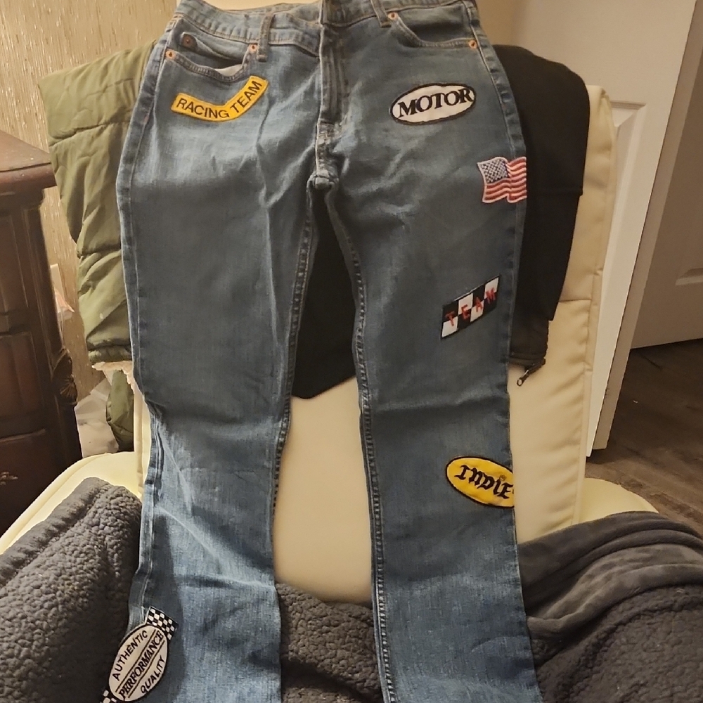 Finish Line Blue Straight Leg Jeans with Racing Patches